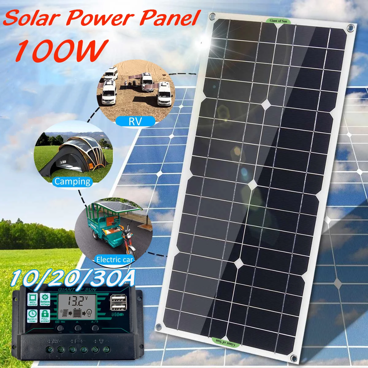 

100W 18V Solar Power Panel USB 12V/5V DC Monocrystalline Flexible Solar Charger for Car RV Boat Battery Charger with Controller