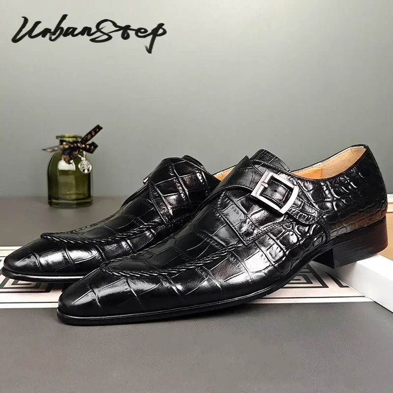 

Luxury Brand Men Leather Shoes Slip-On Black Crocodile Print Woven Pattern Loafers Mens Dress Shoes Wedding Office Shoes For Men