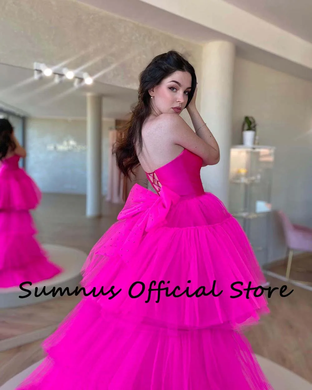 Sumnus Hot Pink Tulle Strapless Party Dresses With Bow High Low Tiered Long Train Homecoming Prom Dress 2024 Event Gowns