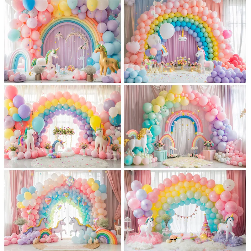 Rainbow Arch Balloons Unicorns Photography Backdrops Props Baby Newborn Birthday Party Decoration Background RA-02