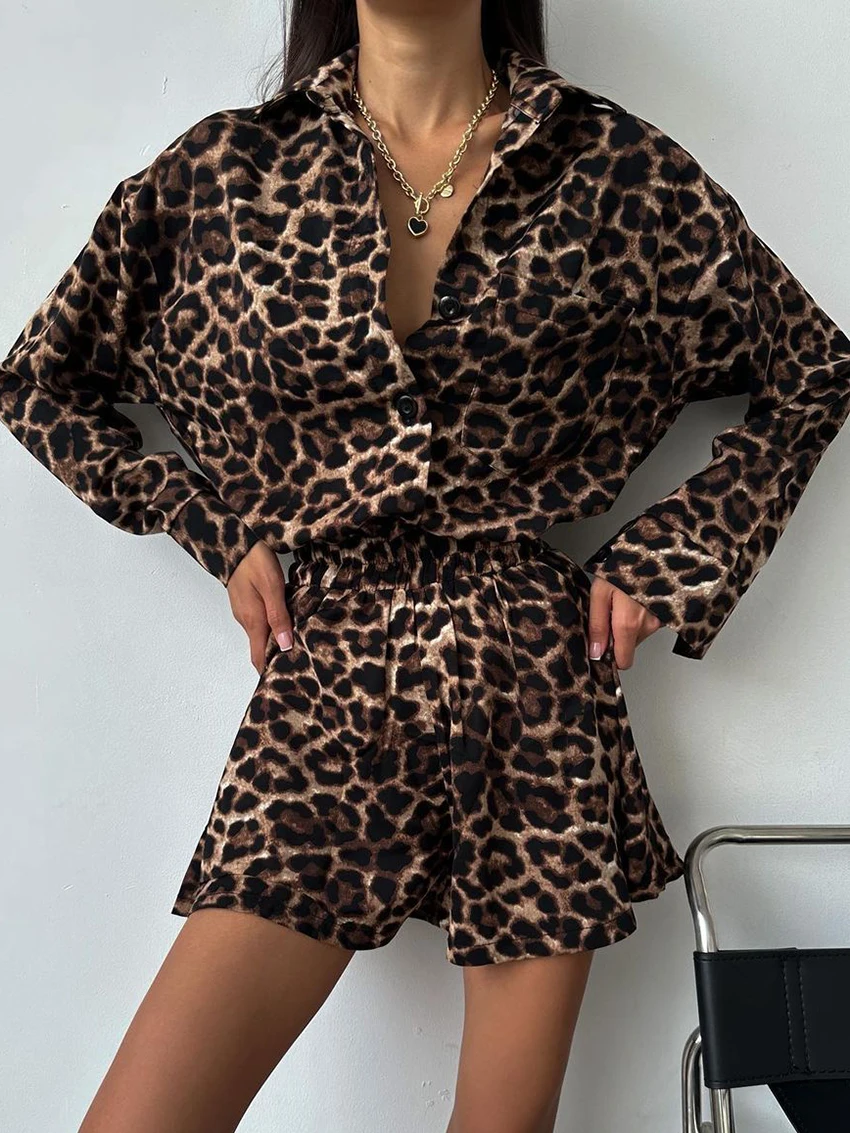 Marthaqiqi Leopard Print Ladies Pajama Set Long Sleeve Nightgowns Turn-Down Collar Nightwear Shorts Casual Female Sleepwear Suit