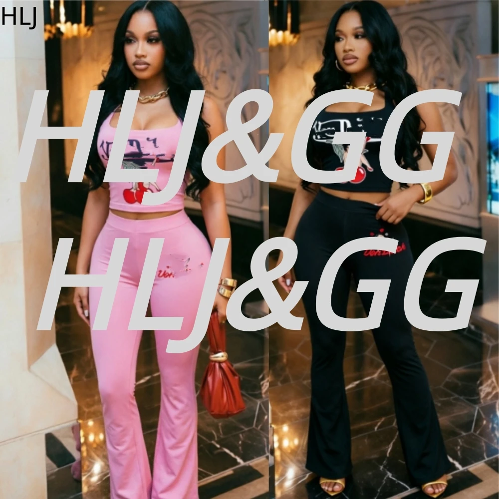 

HLJ Trend Fashion Letter Print Two Piece Sets Women Off Shoulder Slim Crop Tube And Skinny Flare Pants Outfits Y2K Streetwear BR