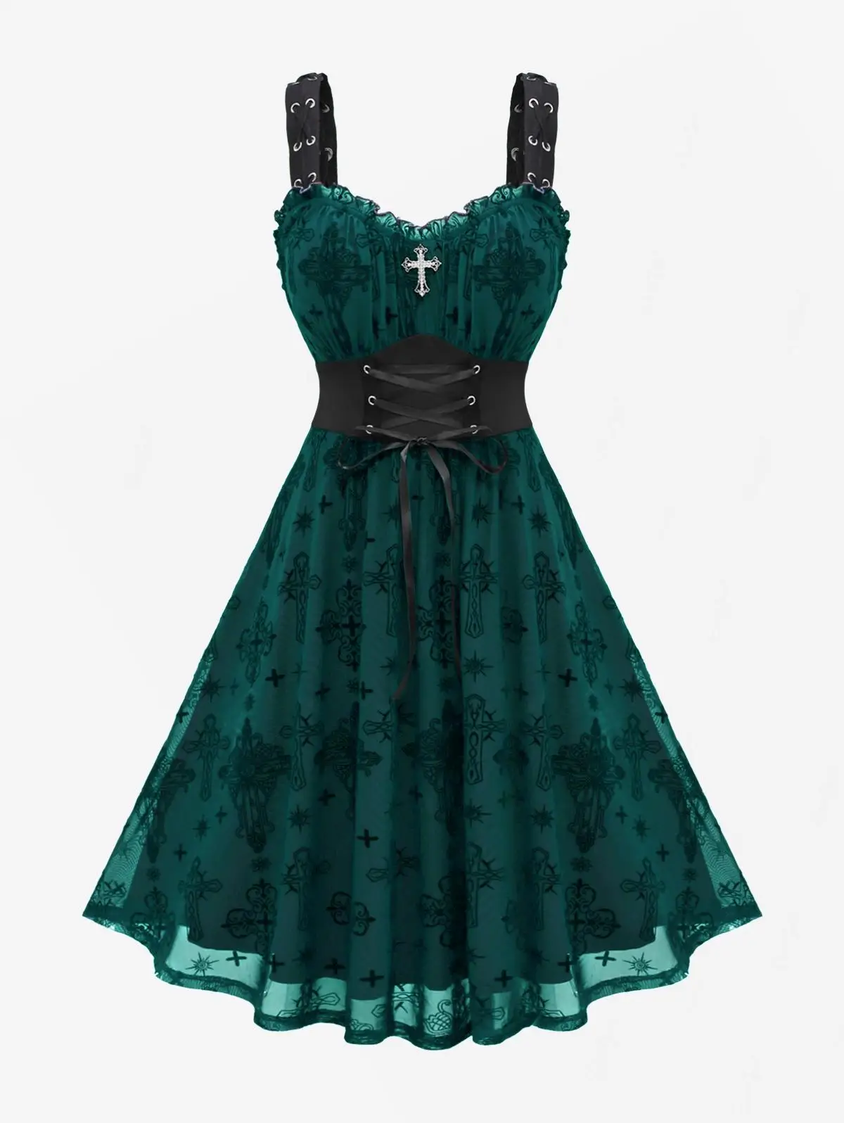 ROSEGAL Plus Size Gothic Women's Dresses Cross Mesh Overlay Lace Panel  Ruffles Vestidos Vintage Lace-Up Tank Dress Multi Colors - AliExpress  200000345