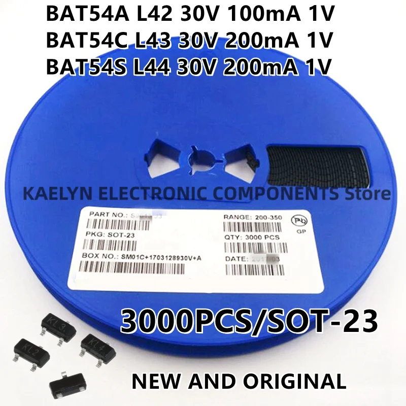 

3000PCS/LOT Schottky Diodes Rectifiers BAT54A L42 BAT54C L43 BAT54S L44 30V 100mA 200mA 1V SMD/SMT SOT-23-3