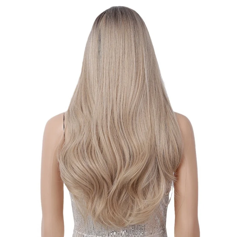 Wavy bangs with gradient light brown color, large waves, high-temperature synthetic fiber wig
