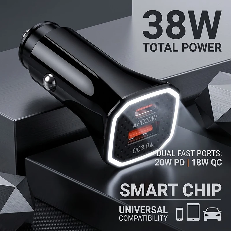 Dual Dual Port Fast Car Charger Adapter PD 20W & QC 3.0 Smart Charging Cigarette Lighter Auto Plug With Ambient Light For iPhone 17 - Aliexpress Deal