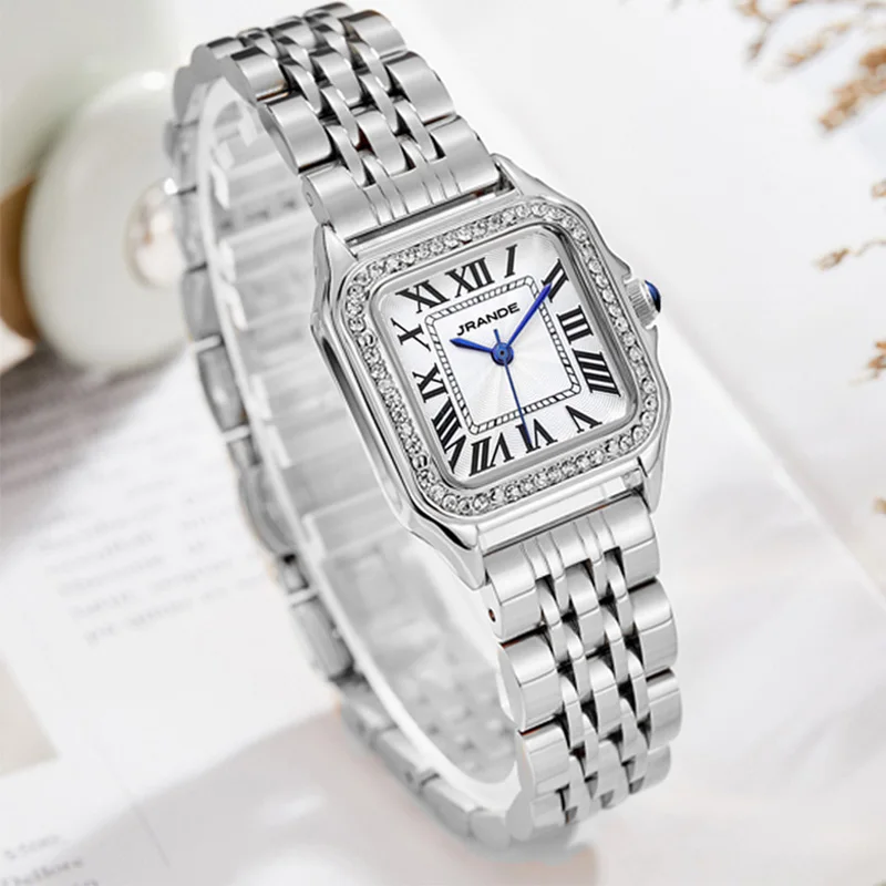 Luxury Brand Watches Women Steel Silver Original Waterproof Female Quartz Hand Clock Elegant Square Ladies Wristwatches Rose