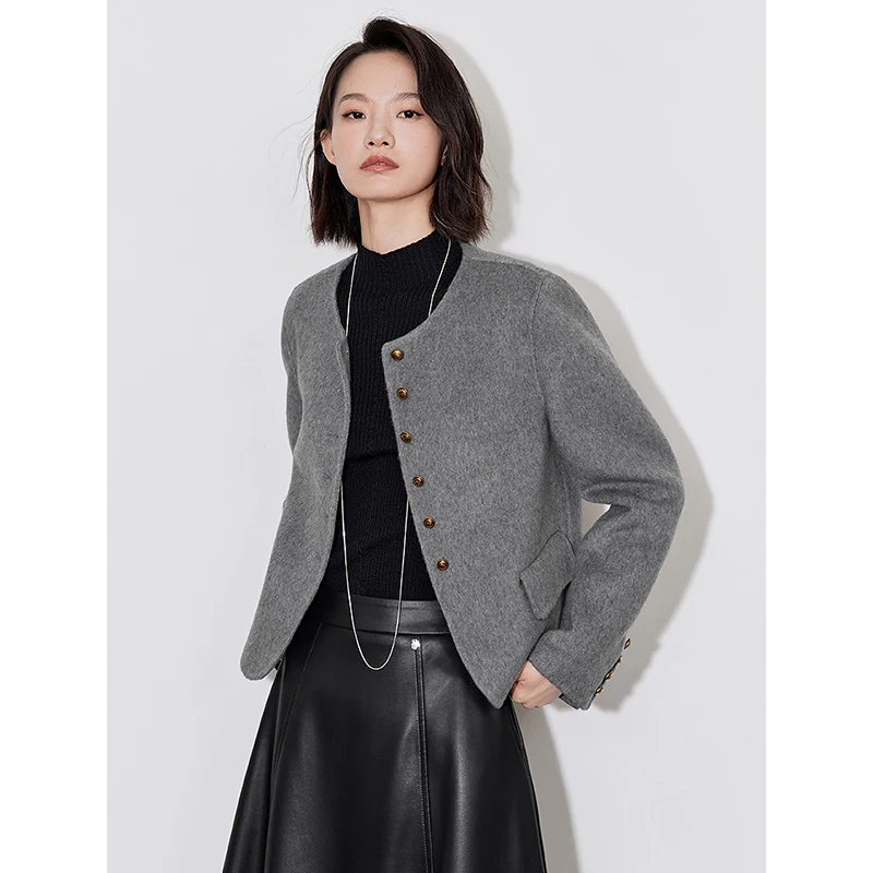 TOYOUTH Women Woolen Coat 2024 Autumn Winter New Sheep Long Sleeve Round Neck Single Breasted Button Wool Jacket Coat Gray