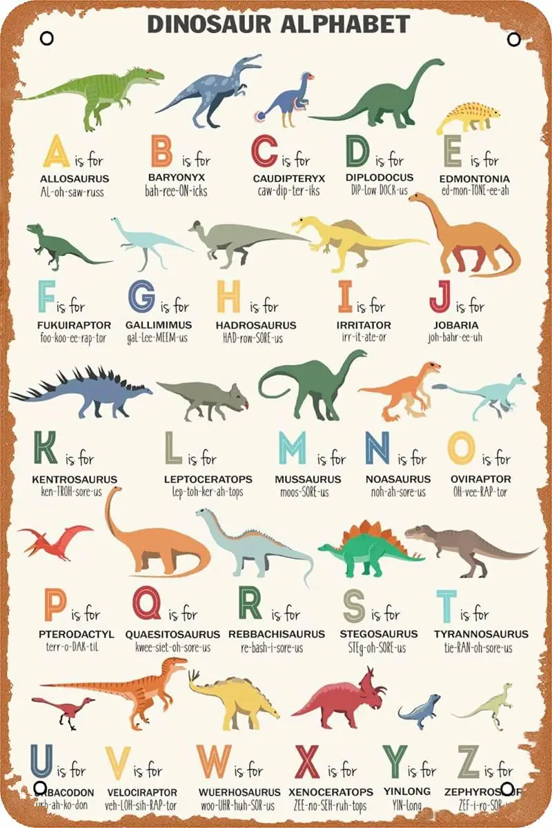 Dinosaurier Alphabet Poster Metall Zinn Zeichen Wand Dekor Zeichen, Retro Kunst Dekor für Kinderzimmer Metall Plaque Poster Kinder Kunst