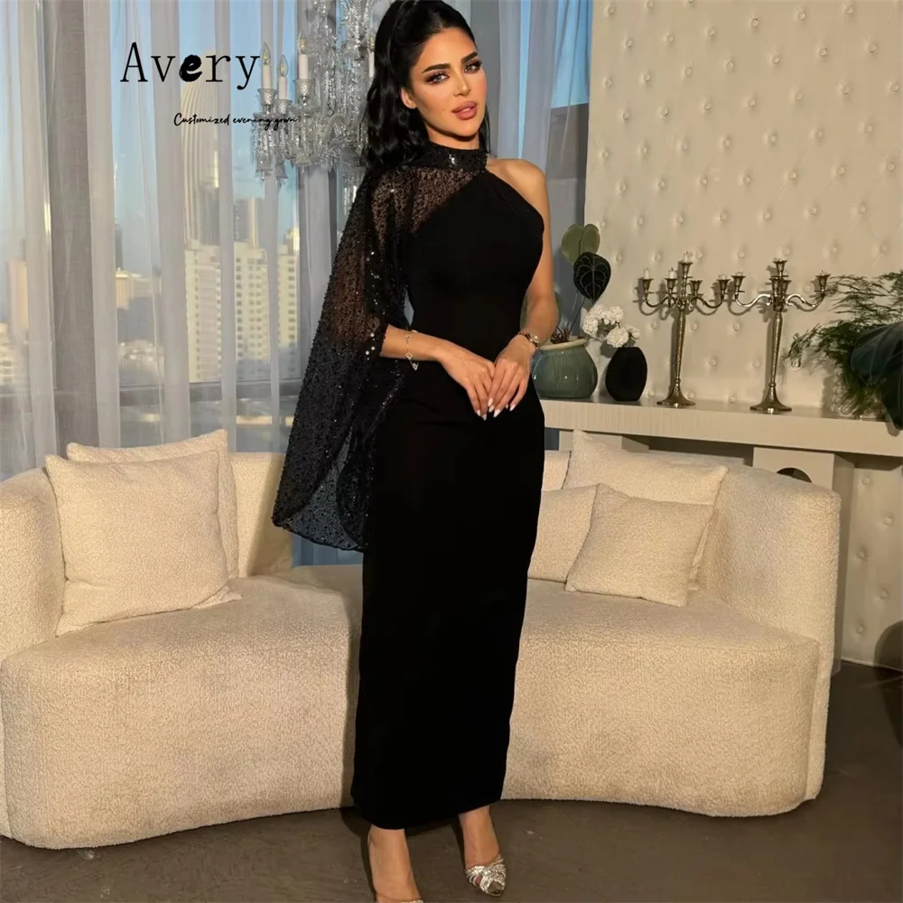 Avery Custom Schwarz Glänzend Fischschwanz Off-Schulter Luxus Damen Abendkleider Elegantes Party Abendkleid 2025, Ballkleid Kleider