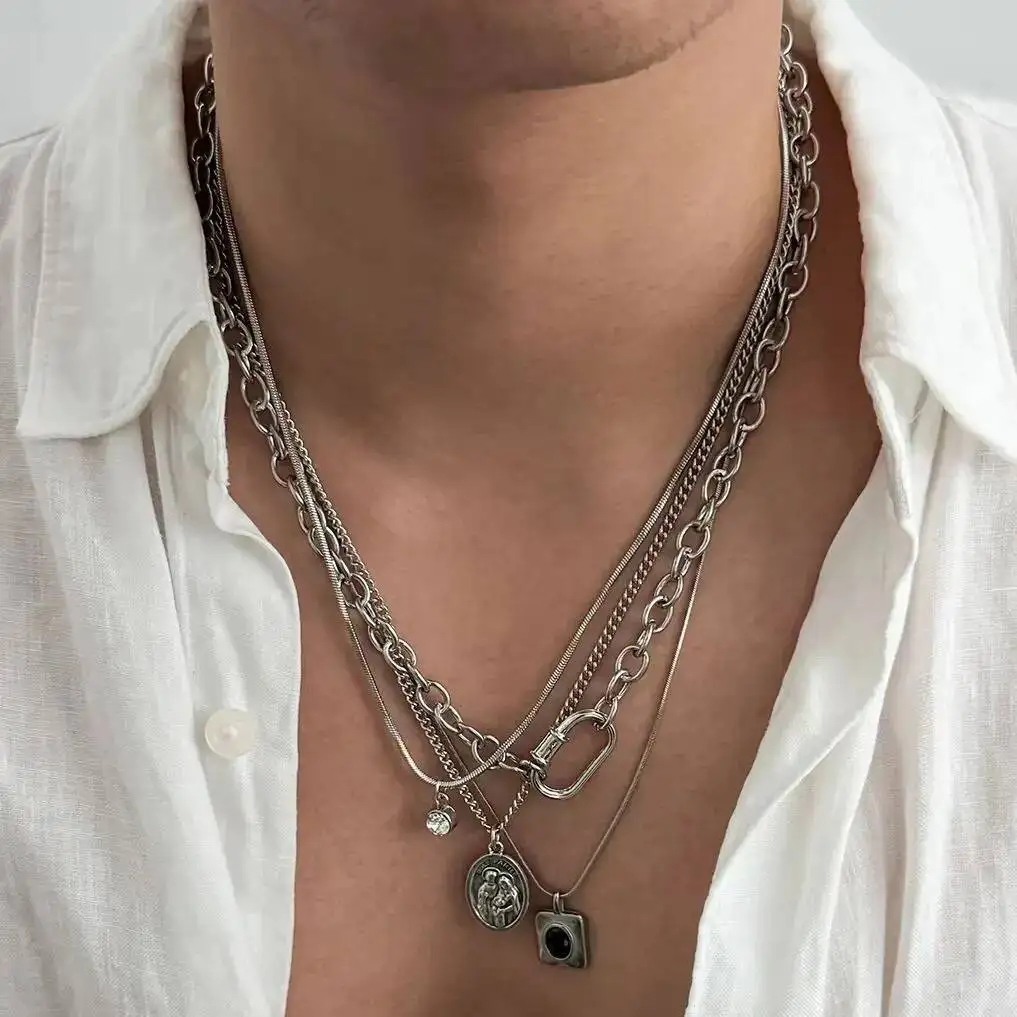 KunJoe 4 Pcs/Set Vintage Inlay Black Geometry Rhinestone Pendant Necklace Men Punk Adjustable Chains Daily Street Jewelry Gifts
