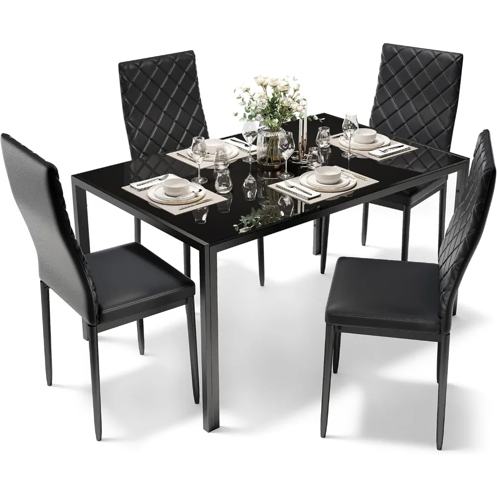 Esstisch-Set für 4 Personen, Küchentisch und Stühle, 4er-Set, 5-teiliges modernes Esszimmertisch-Set mit Platte aus gehärtetem Glas