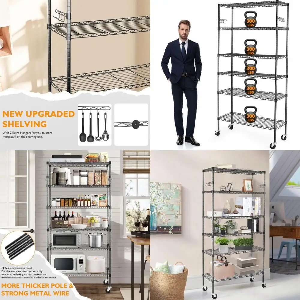 

Сверхмощные 6-ярусные регулируемые металлические полки на колесах, вместимость 14x36x75, 2100 фунтов, черные для гаража, кухни, офиса