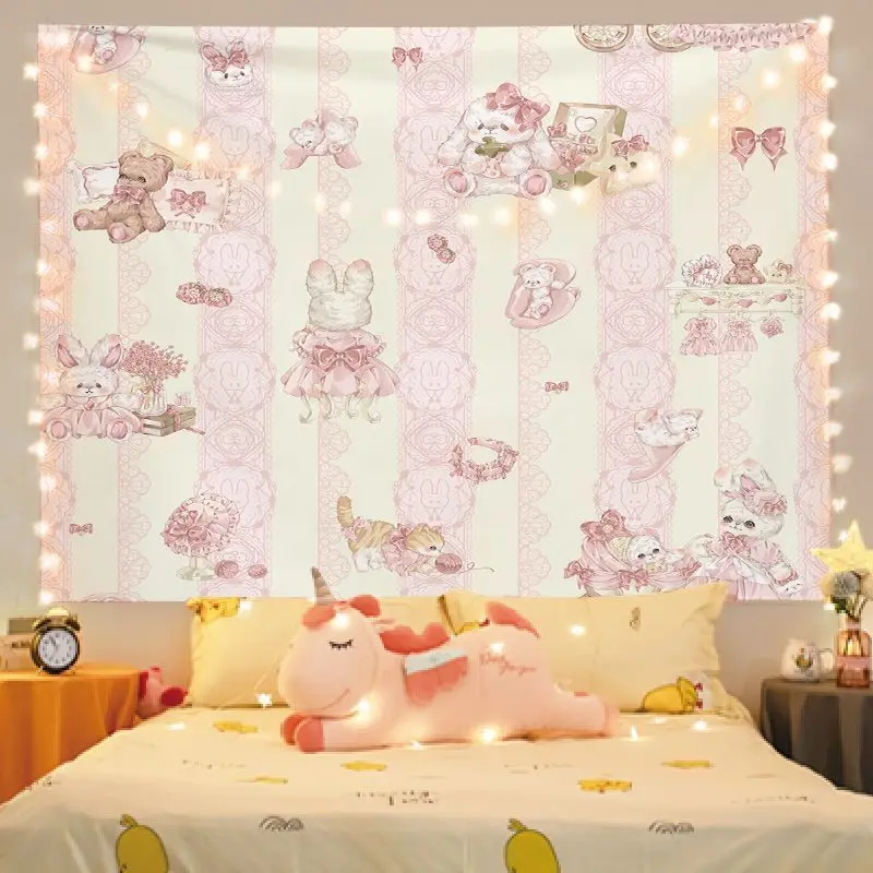 VIKAMA Lace Party Rabbit Bear Tapestry Wall Hanging for Bedroom Living Room Decor Vintage Lace Carousel Cute Pet Cartoon Warm