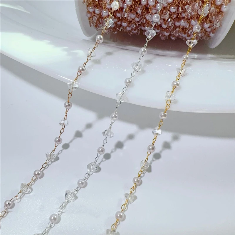 1meter 4mm Glass Crystal Beads Chains Bracelet Bulk Lot Copper Imitation Pearl Bead Chains for Diy Jewelry Making Accessories