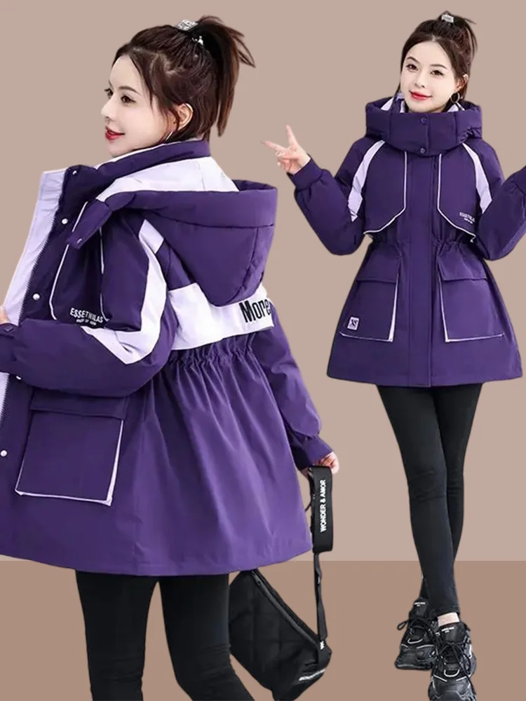 

Women's Hooded down Jaet Coat Mid-Length Thiened Outdoor Windproof Cotton Padded Zipper Closure Long Sve Pure Color