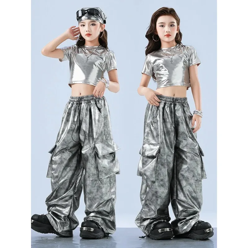 

Trendy Jazz Dance Outfit Girls Shiny Sequins Leather Pants Performance Gear
