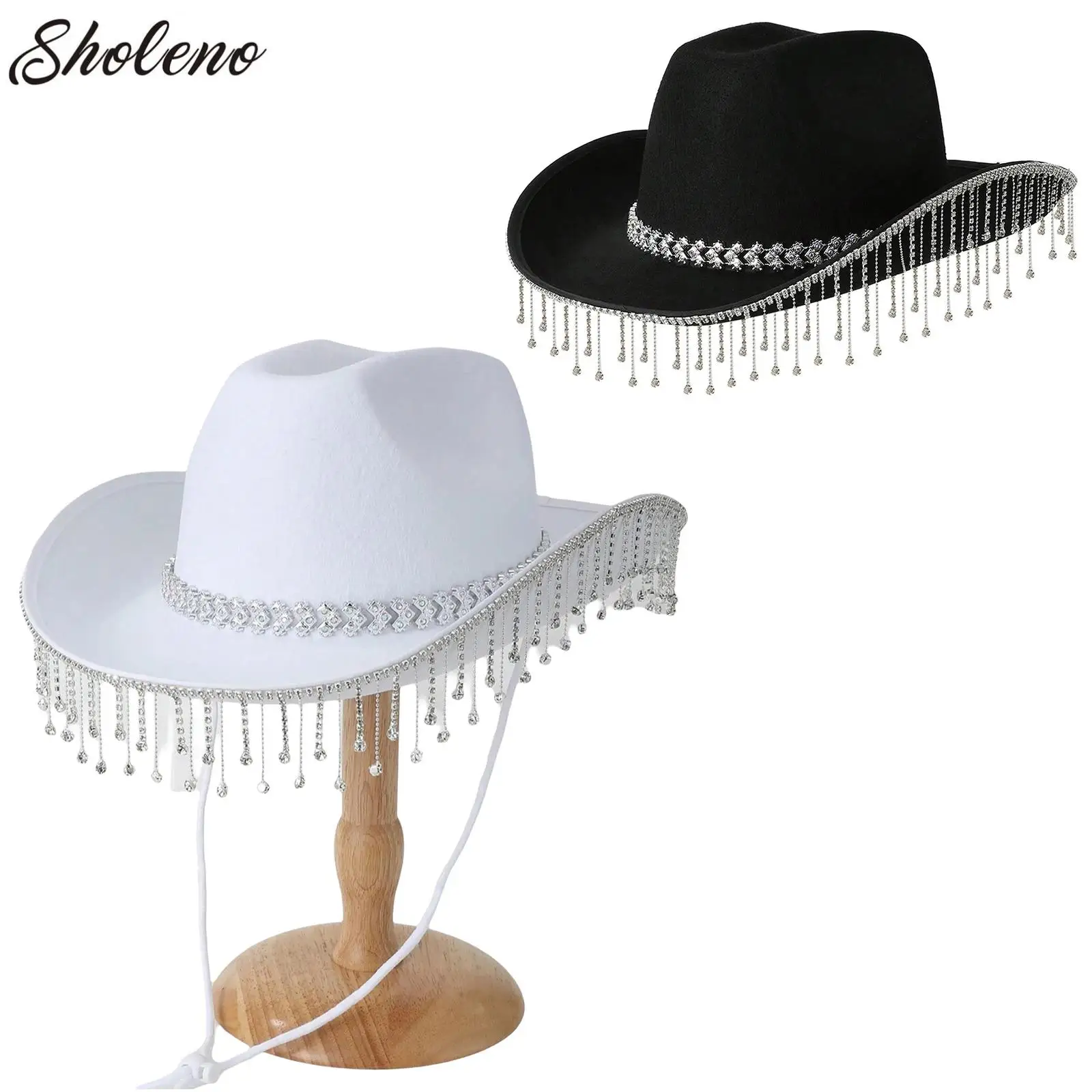 

1PCS Fashion Tie-in Diamond Tassel Cap Shiny Rhinestones Summer Sun Hat Elegant Top Hat Stage Performance Party Hat Bride