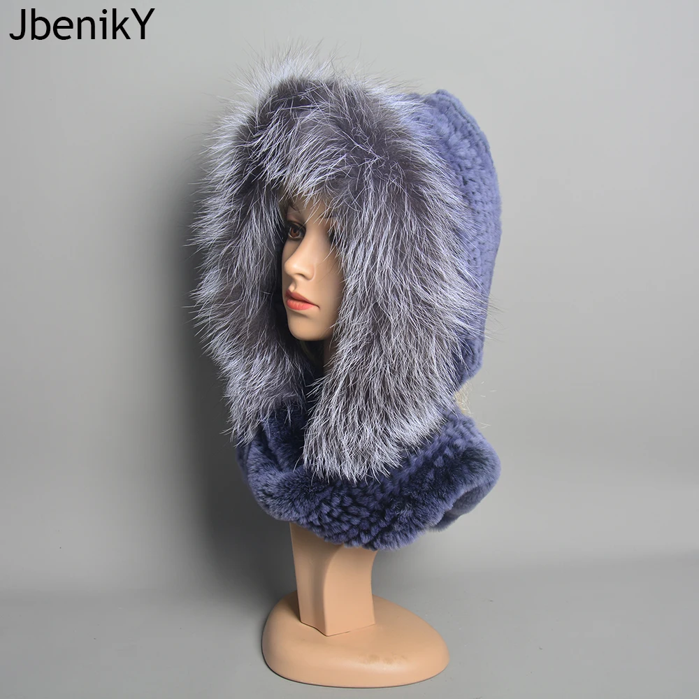 New Arrival Lady Real Rex Rabbit Fur Hat&Scarf Winter Warm Natural Fox Fur Hats&Scarves Women Knitted Genuine Fur Hooded Muffle