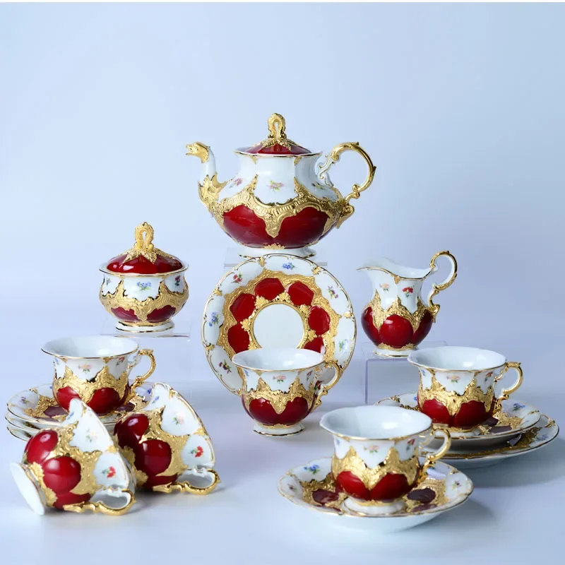 European-Style Meijia Coffee Set B- Form Palace Relief Gold Painting Heavy Industry Wine Red Tea Set Plate Coffee Cup Set coffe