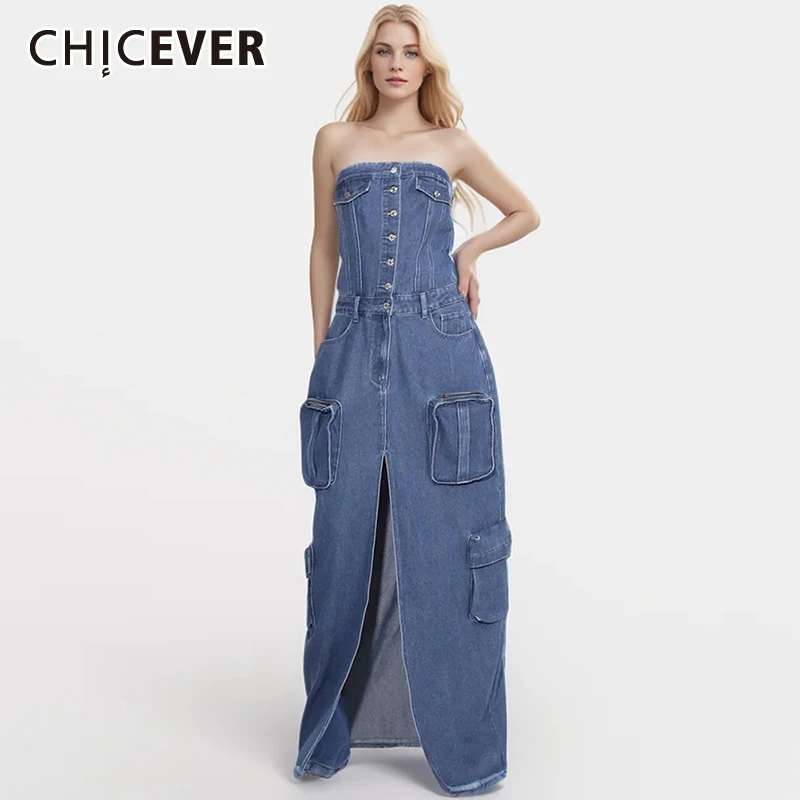 

CHICEVER Streetwear Denim Dresses For Women Strapless Sleeveless Single Breasted High Waist Loose Split Solid Drss Female Summer