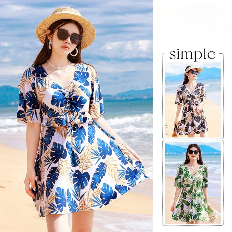 

Large Size Women's Swimsuit Covers The Belly Looks Slim in Summer Conservative Printed One-piece Skirt Style Plus Size Swimsuit