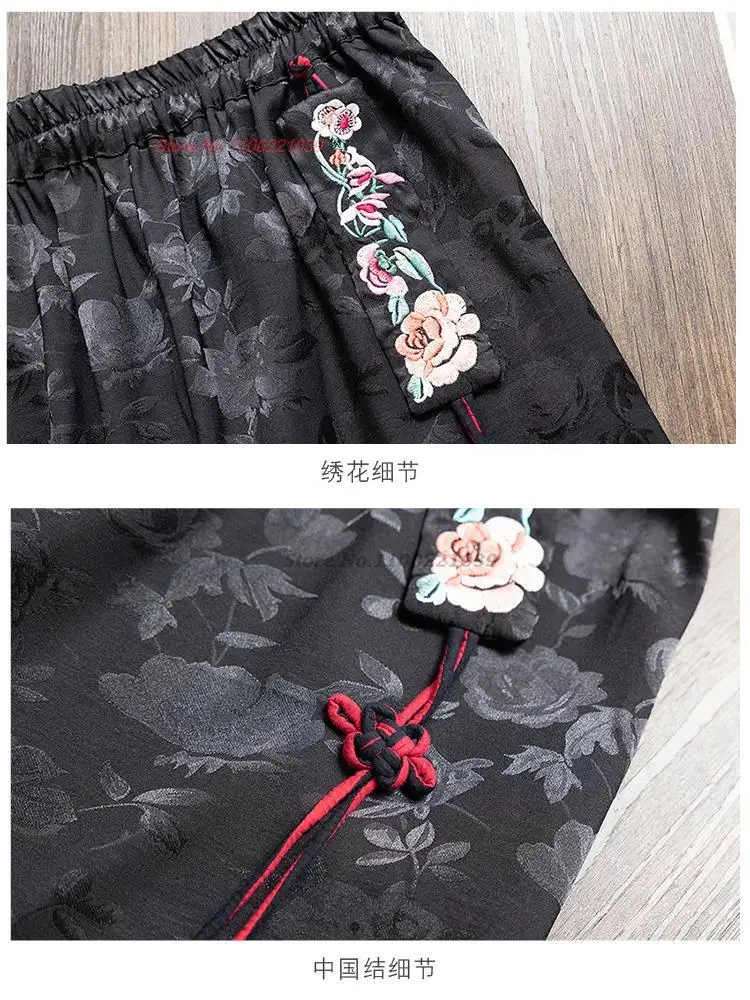 2024 chinês vintage cetim jacquard bloomers calças femininas flor nacional bordado harajuku harem calças casuais calças soltas