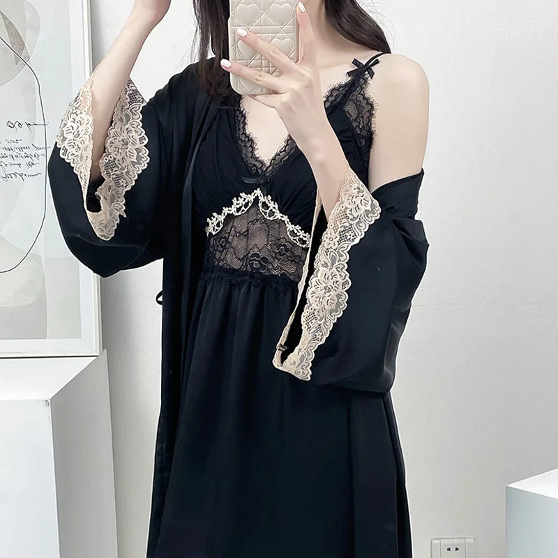 

New Summer Sexy Patchwork Lace Bathrobe Suspender Nightgown Wedding Nighty&Robe Set Rayon Female Home Dress Loungewear