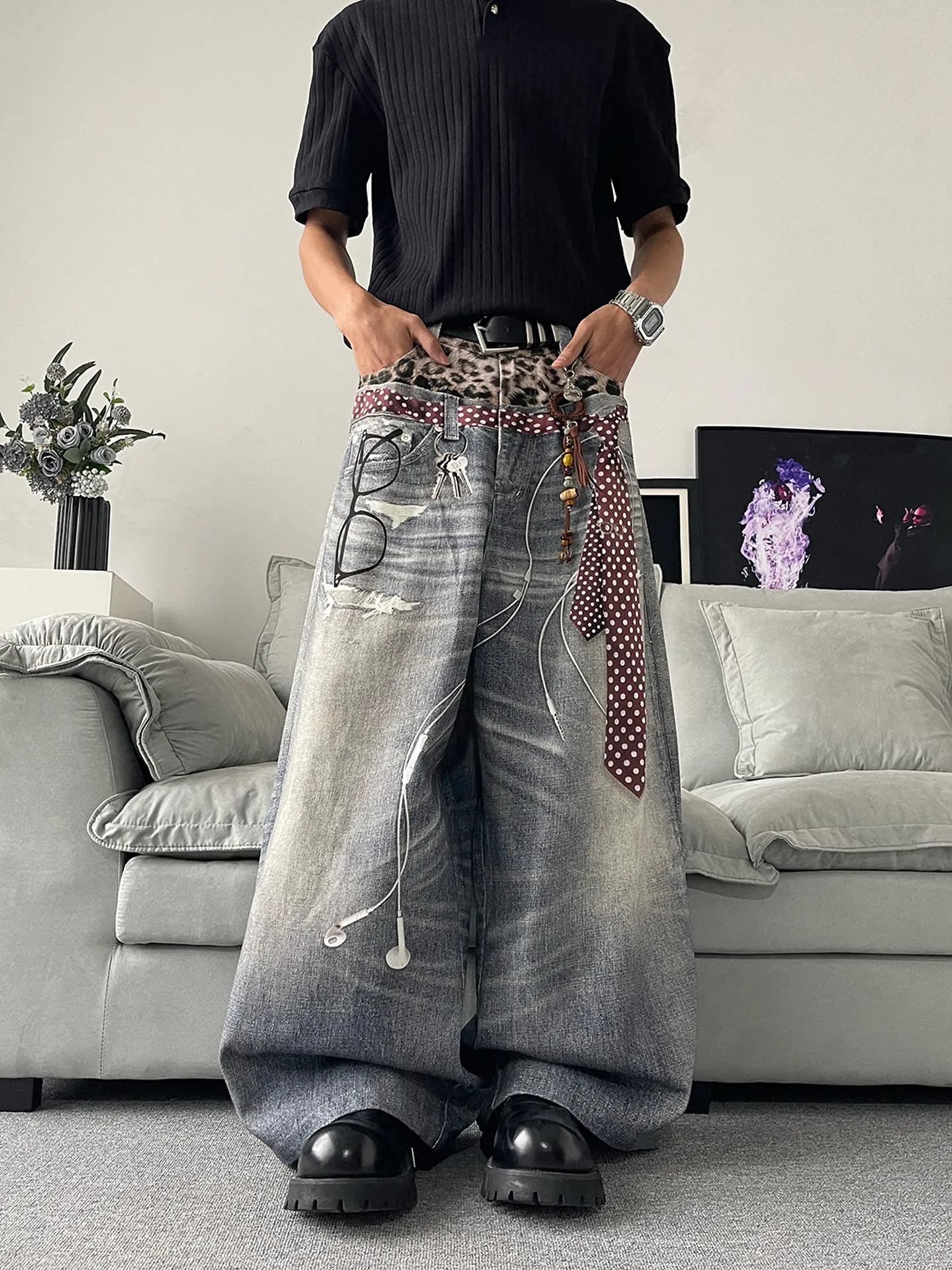 

3D Printed Leopard Splicing Double Waist Jeans Spring Summer American Casual Fashion High Street Loose Men's Denim Pants