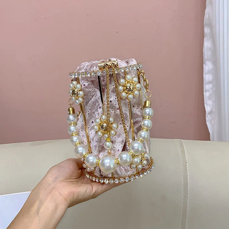 Süß und glänzend, diamantbesetztes Stern-Nischendesign, Eimertasche, Vogelkäfig-Abendtasche, tragbare Perlen-Bankettasche – Detail 3