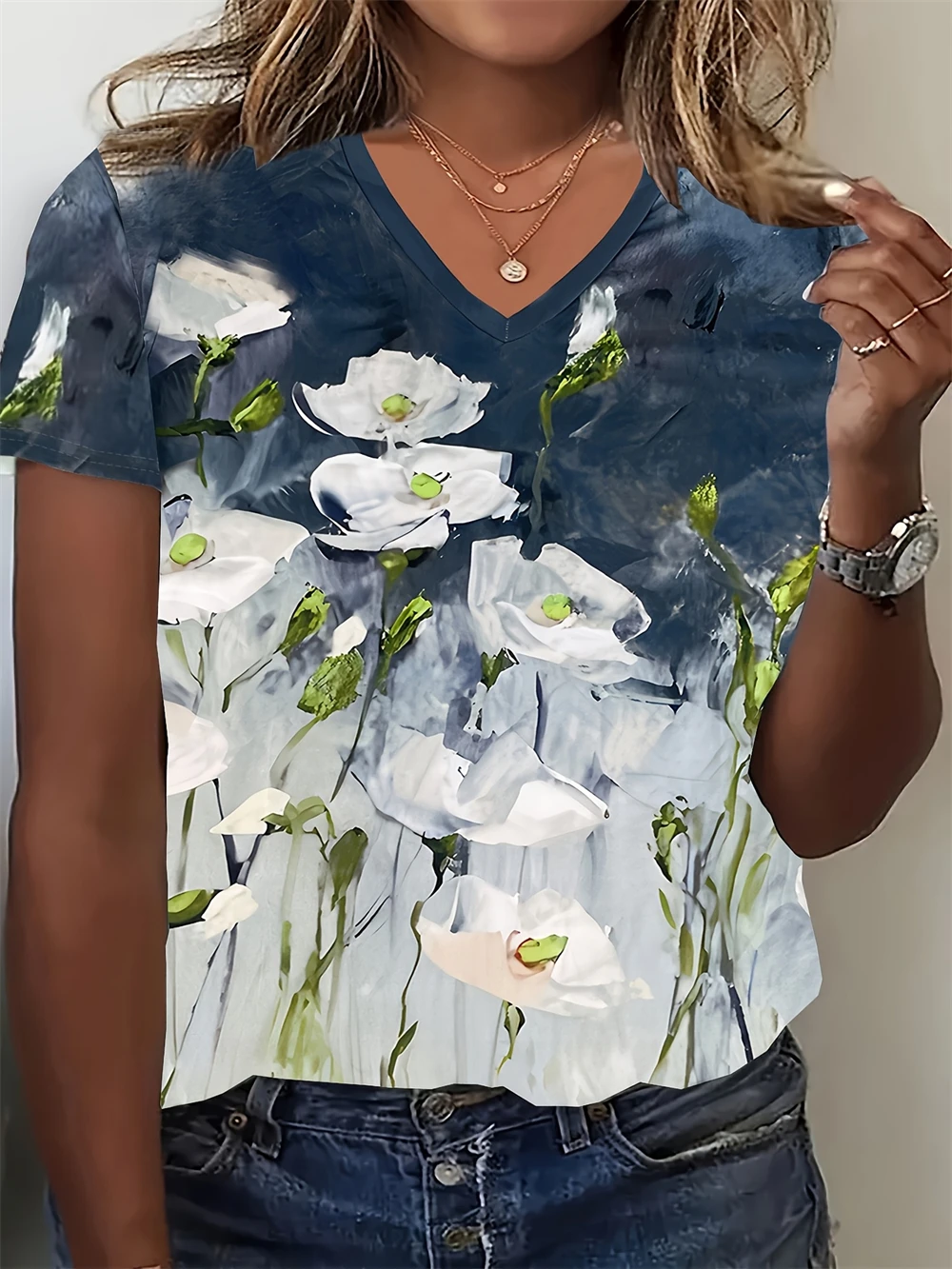 

Women T-Shirt Elegant Simple V-Neck Short Sleeve 3D Print Floral Print Top Loose Casual T-Shirt Harajuku Tees Oversized Clothing