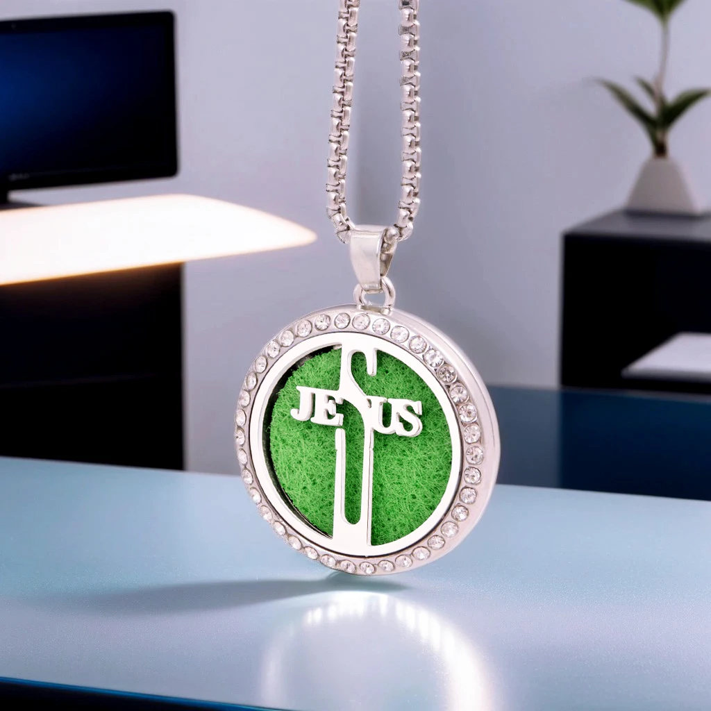 Alloy & Stainless Steel Jesus Cross Wave Air Freshener Perfume Oil Diffuser Rhinestone 30mm Locket Jewelry Pendant Necklace