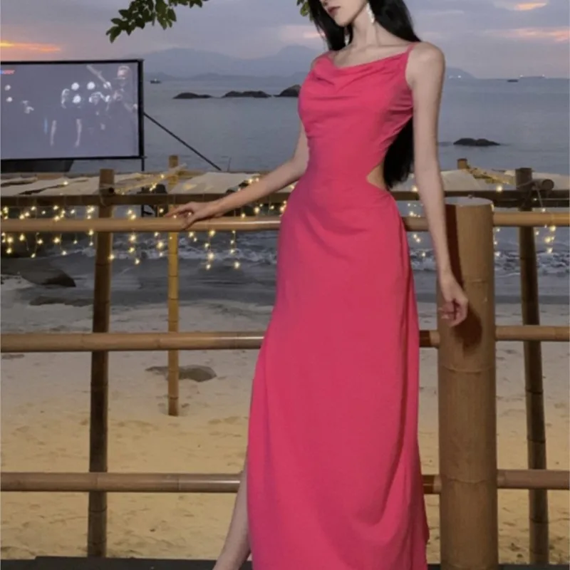 Vacation Seaside Atmosphere Beach Dress Hot Girl Backless Slit Beautiful Strap for Women Summer