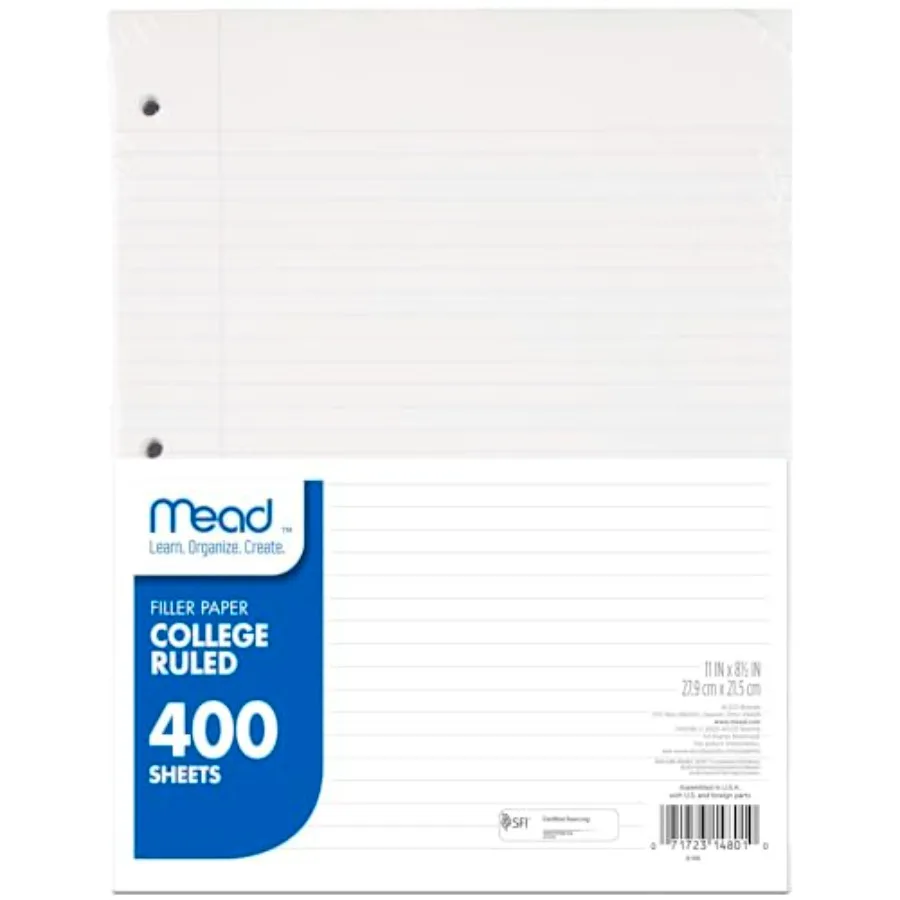 Loose Leaf Paper, College Ruled Filler Notebook Paper, 8-1/2" x 11",,Fits 3-Ring Binder 170046-ECM