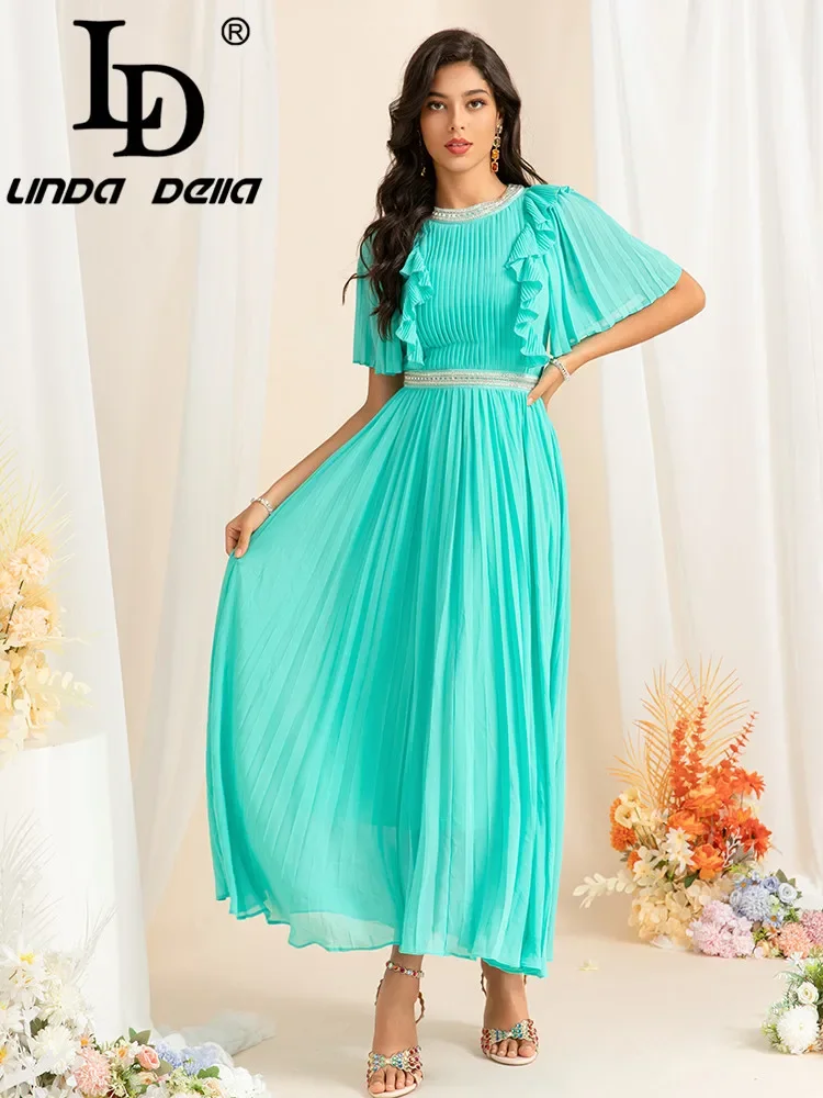 LD LINDA DELLA 2024 summer Europe and the United States Women's Elegant Elegant Nail Ruffled Pleats Large Swing Long Dress