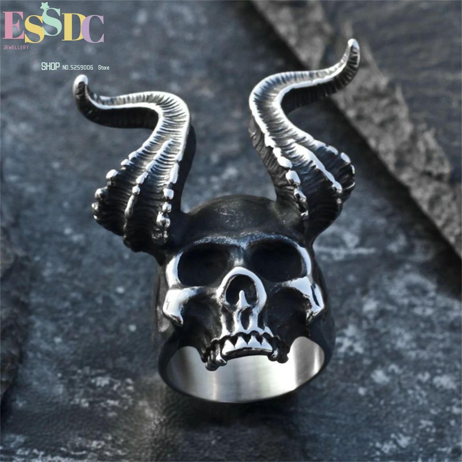 

Кольцо из титановой стали с козьими рогами и черепом для мужчин, в готическом стиле, панк, хип-хоп, винтажное, регулируемое, уличное украшение, темное.