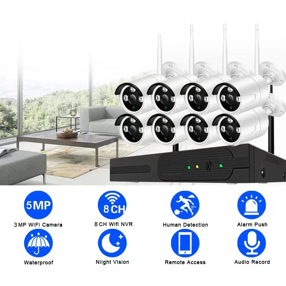 8 channel 3MP Wireless WiFi Security monitoring NVR Kits Set HD Shop Monitoring Camera with Audio Plug and Play Night vision