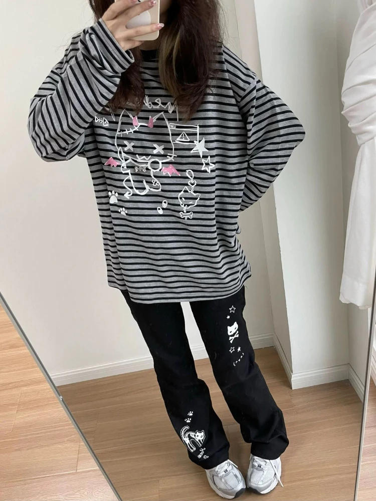 Deeptown Y 2K Harajuku Streetwear Hoge Taille Wijde Pijpen Broek Vrouwen Japanse Kawaii Grunge Cartoon Print Broek Zacht Gilr 2024