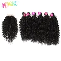 Extensiones de pelo rizado Afro sintético mágico para mujer, 16-20 pulgadas, 7 unidades por lote, mechones con cierre, encaje africano, extensiones de cabello