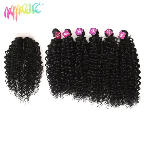 Extensiones de pelo rizado Afro sintético mágico para mujer, 16-20 pulgadas, 7 unidades por lote, mechones con cierre, encaje africano, extensiones de cabello