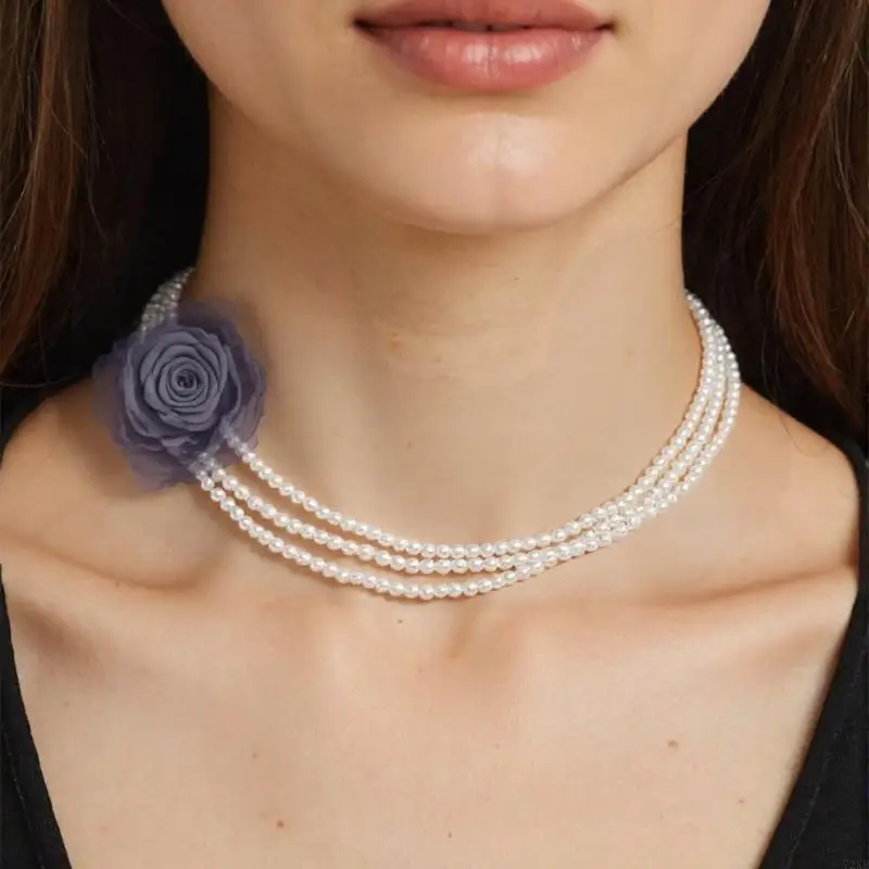 

72XE Retros Modern Pearls Necklace Trendy Unique Flower Decoration Necklace