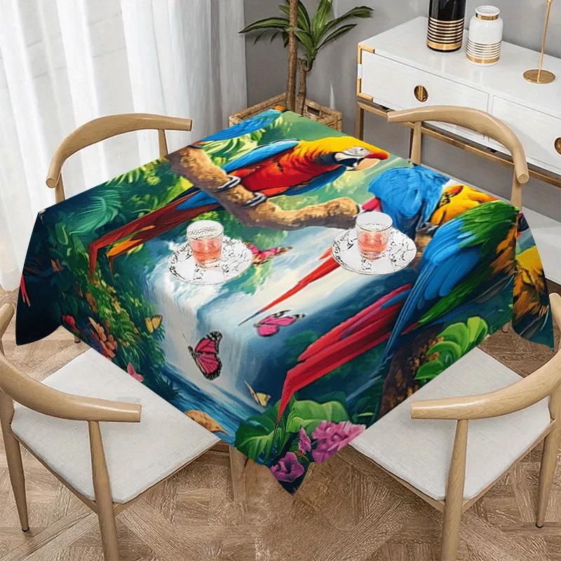 1Pc Tropical Parrot Print Tablecloth Multicolor Jungle Bird Floral Pattern Table Cover For Dining Room Kitchen Home Decor p