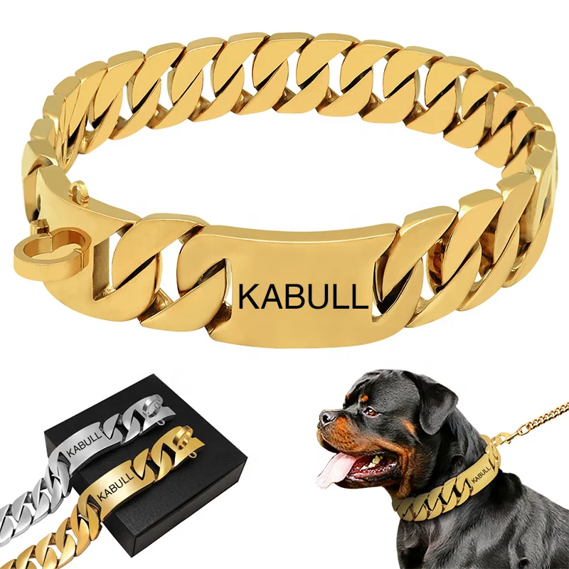 Personalized Dog Name Metal Gold Dog Chain Collars Stainless Steel Pet Training Choke Collar For Large Dogs Pitbull Collar