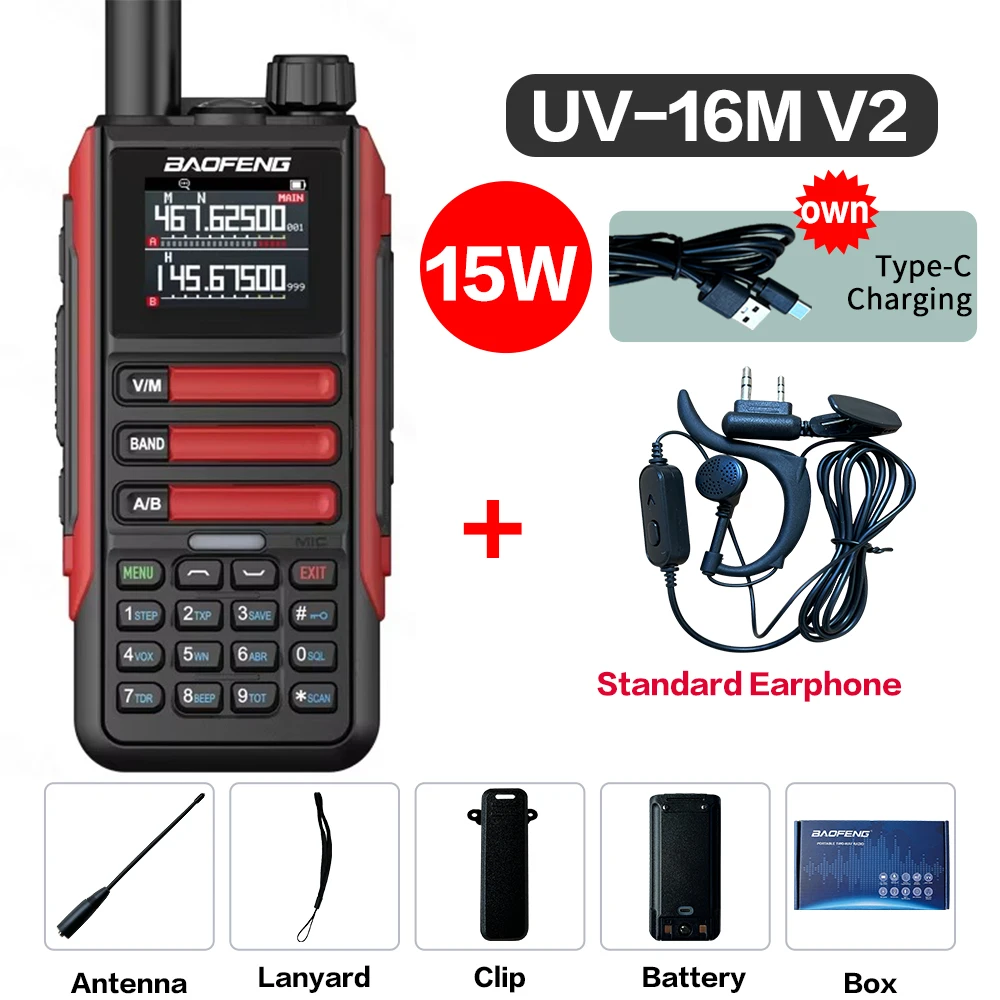 Baofeng Upgrade UV16M V2 Walkie Talkie 15 Вт Высокая емкость AM FM 2-стороннее радио Полнодиапазонный ЖК-дисплей 999CH Частотная копия NOAA Шумоподавление