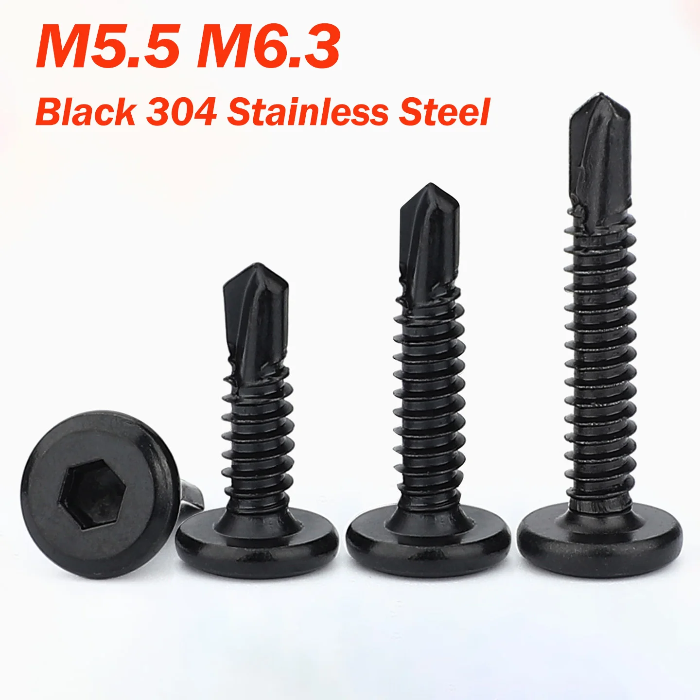 M5.5 M6.3 Black 410 Stainless Steel Self Tapping Sheet Metal Screws Flat Head Hex Socket Cap Self Drilling Screw Length:16-60mm