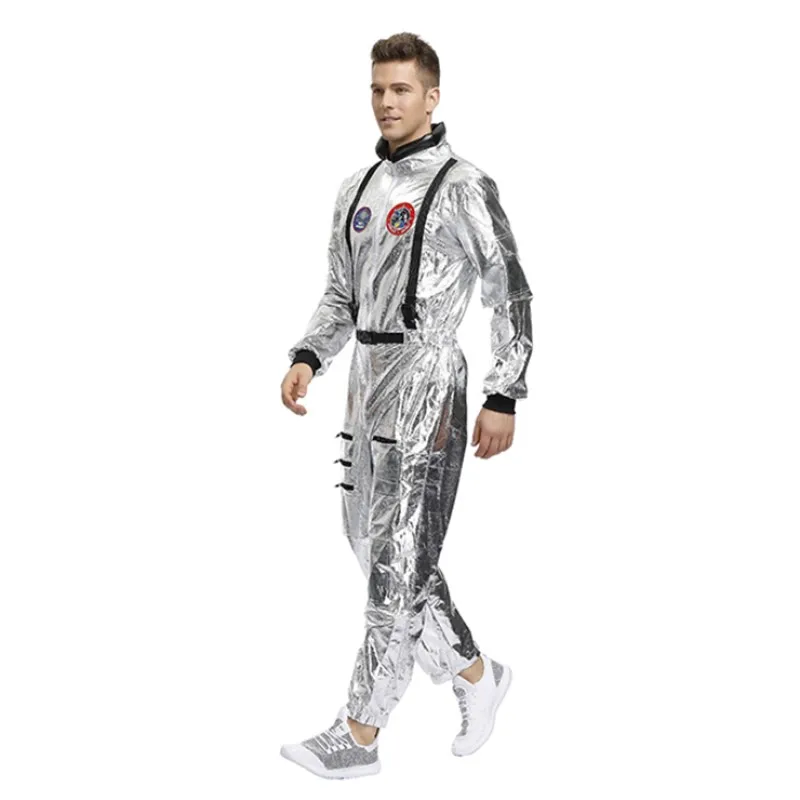 Volwassen astronaut kostuum jumpsuit zilveren ruimtepak voor mannen met geborduurde patches en zakken voor Halloween cosplay feestpak