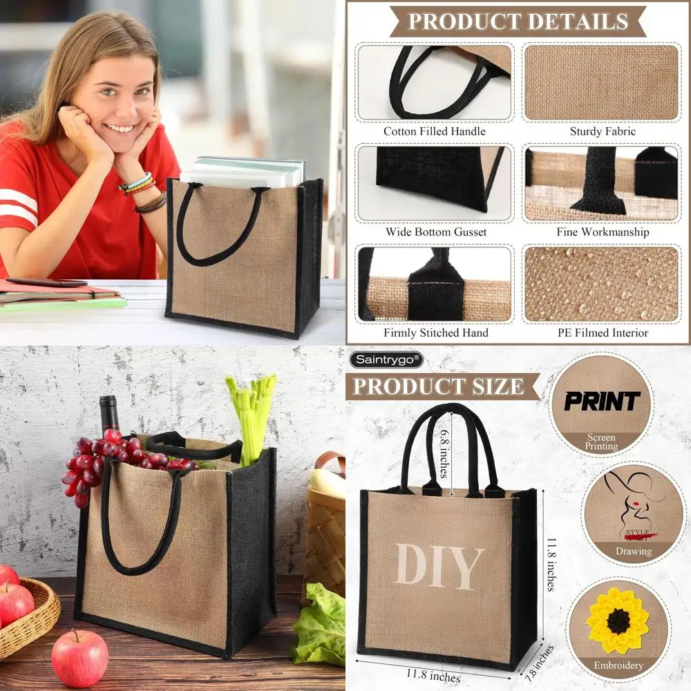 

Set of 12 Jute Tote Bags with Handle, Reusable Bridesmaid Gifts for Weddings and Shopping, 12x12x7.7In (Black)