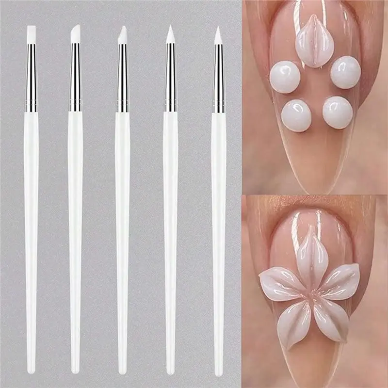 [NEW!ABMK】 Professional Silicone Nail Brush Set(5 Pieces), UV Gel Polish Pen& 3D Dotting Nail Art Design Pen-DIY Manicure Tool P