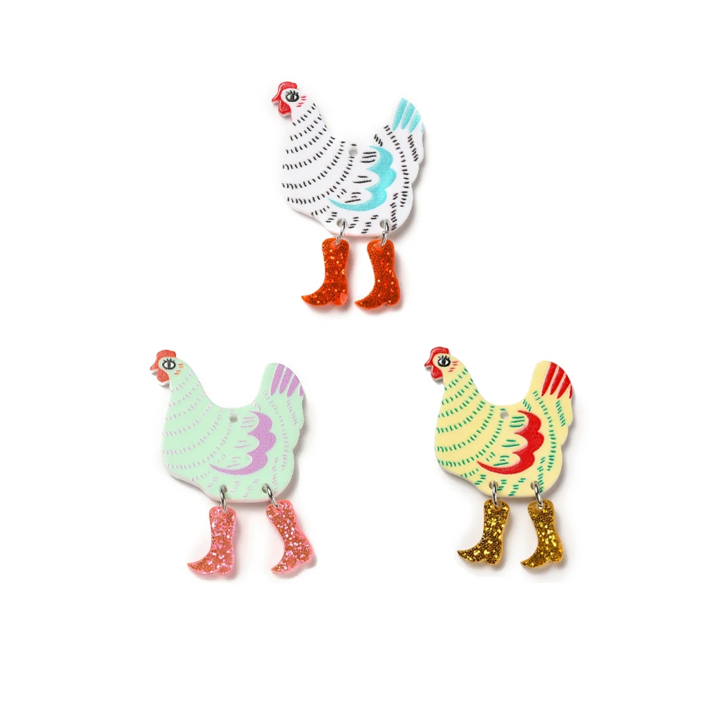 

30Pcs Printed Acrylic Rooster Pendants Animals Charm with Glitter for jewelry making DIY bracelet necklace crafts decor