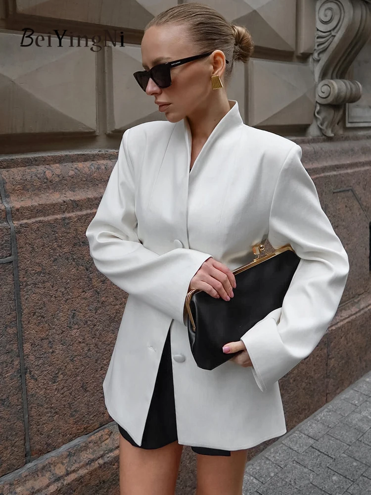 

Beiyingni стильный женский белый пиджак с тонкой талией, простой элегантный однобортный пиджак с длинными рукавами, женские повседневные модные топы